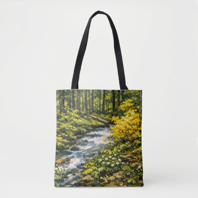 Forest Stream with Yellow Wildflowers Tote Bag (Front)