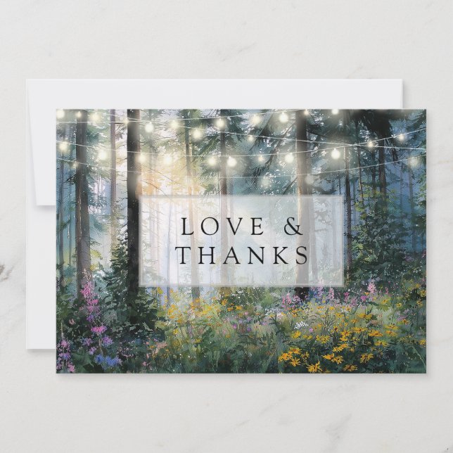 Forest String Lights Floral Rustic Wedding Photo Thank You Card (Front)