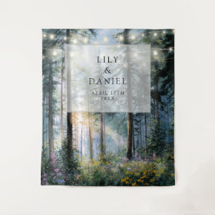 Forest String Lights Floral Wedding Photo Backdrop Tapestry