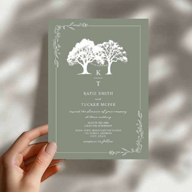 Forest String Lights Monogram Sage Green Wedding  Invitation (Creator Uploaded)