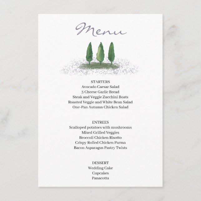 Forest Tree Lavender Wedding Service Menu (Front)