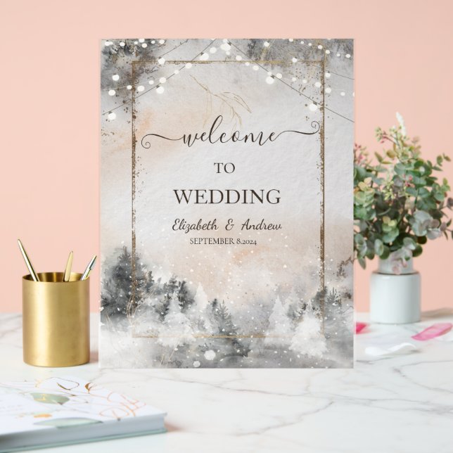 Forest Tree String Lights Snow Acrylic Sign (Wedding)