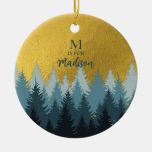 Forest Trees Golden Landscape Baby Monogram Ceramic Ornament