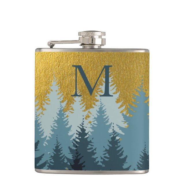 Forest Trees Golden Landscape Baby Monogram  Hip Flask (Front)