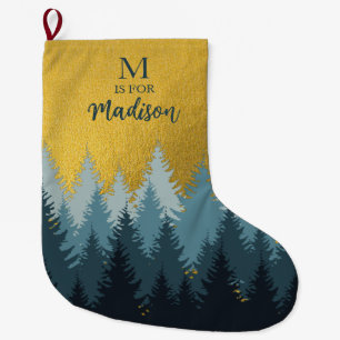 Forest Trees Golden Landscape Baby Monogram Large Christmas Stocking