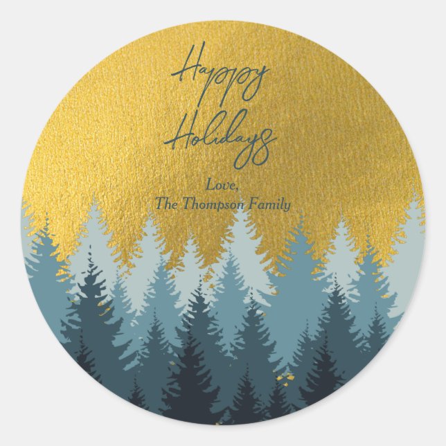 Forest Trees Golden Landscape Happy Holidays  Classic Round Sticker (Front)
