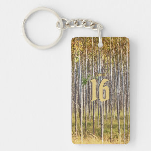 Forest trees log cabin room number key ring