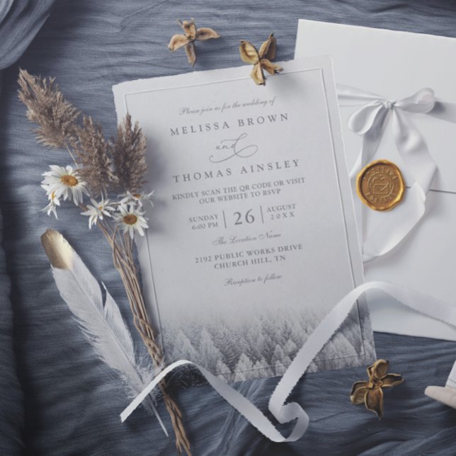 Forest Trees Pine Rustic Elegant QR Code Wedding Invitation (Creator Uploaded)
