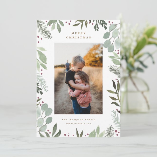 Forest Watercolor Merry Christmas Photo Card (Standing Front)