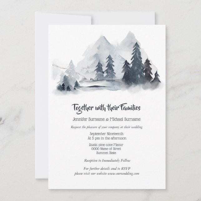 Forest watercolor mountain fir trees dusky blue  invitation (Front)