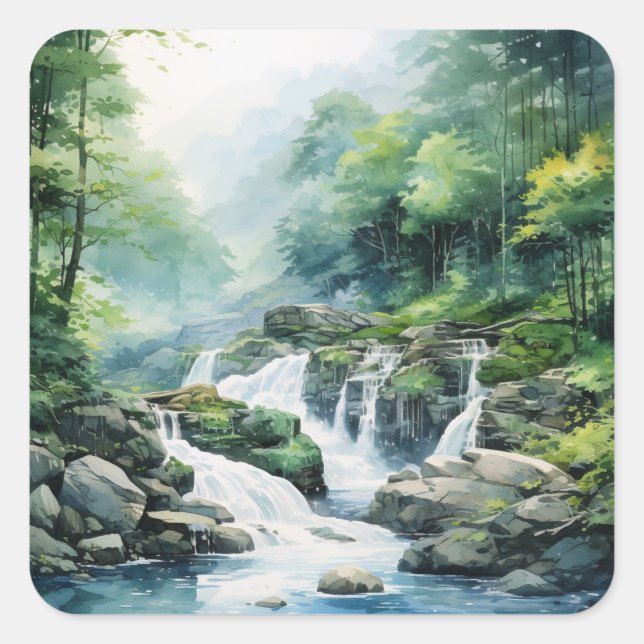Forest Waterfall Square Sticker (Front)