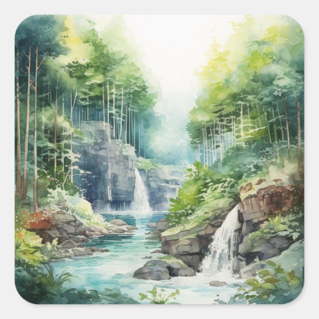 Forest Waterfall Square Sticker (Front)