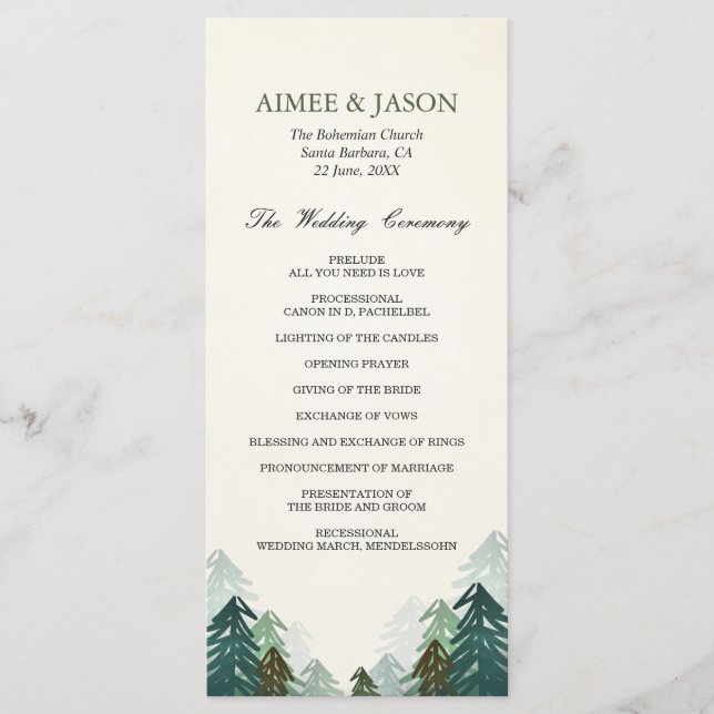 Forest Wedding Ceremony Program Pine Trees Winter (Front)