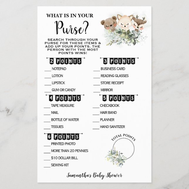 Forest What is in your Purse Baby Shower Game Card (Front)