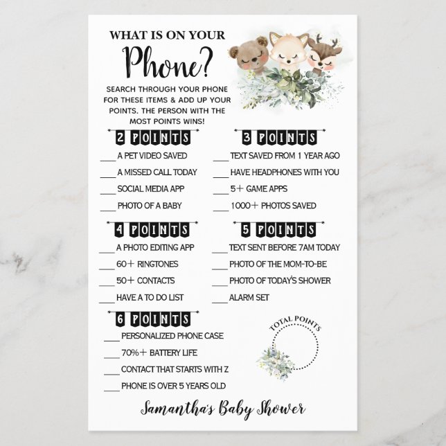 Forest What is on your Phone Baby Shower Game card (Front)