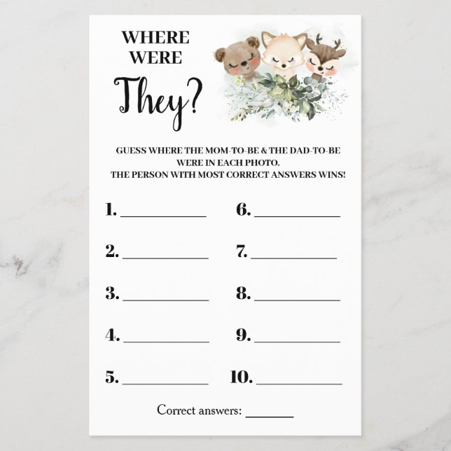 Forest Where were They Baby Shower Game Card (Front)