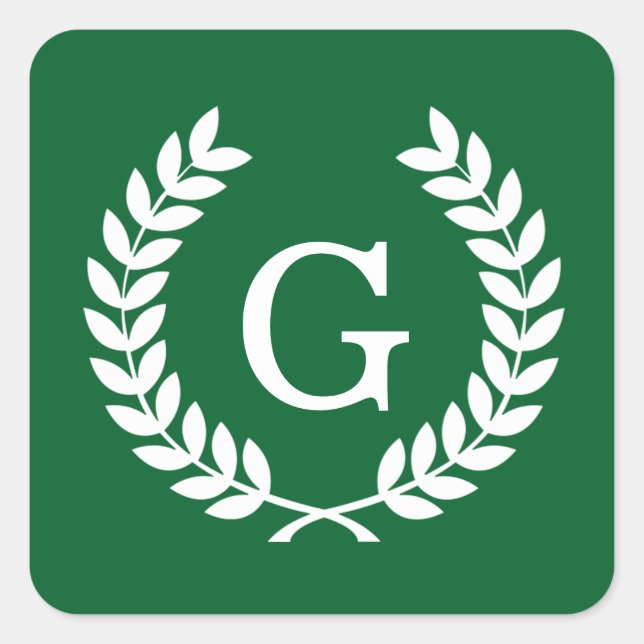 Forest White Wheat Laurel Wreath Initial Monogram Square Sticker (Front)