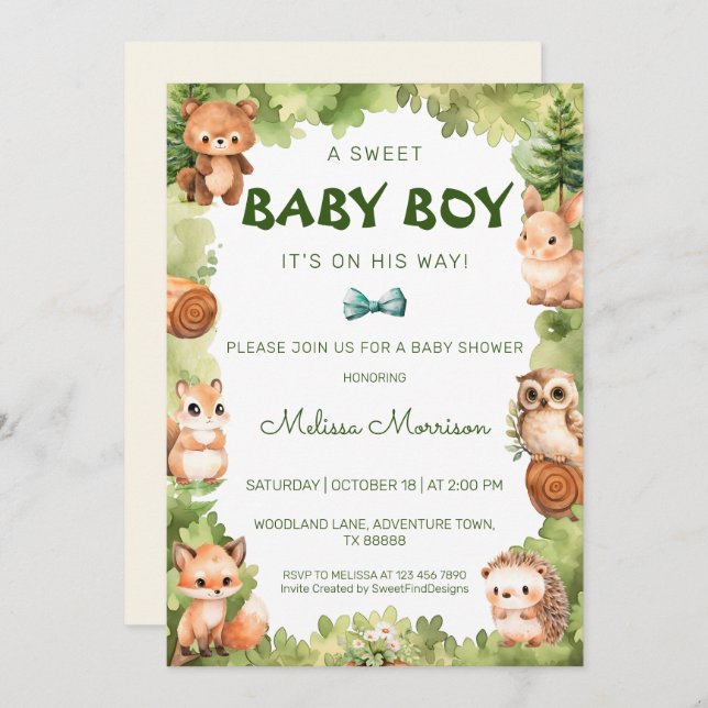 Forest Wild Animals Baby Boy Shower Invitation (Front/Back)