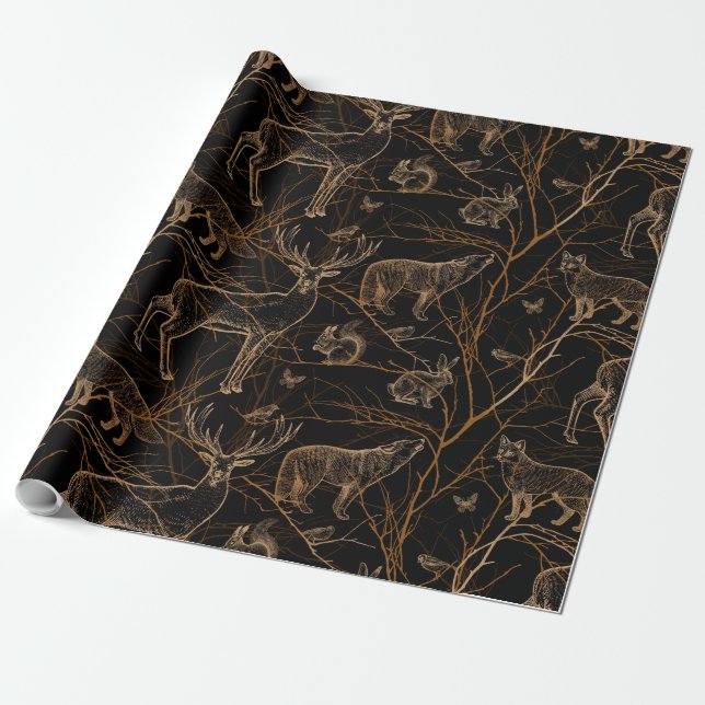 Forest Wildlife Animals Deer Bears Dark Nature Wrapping Paper (Unrolled)