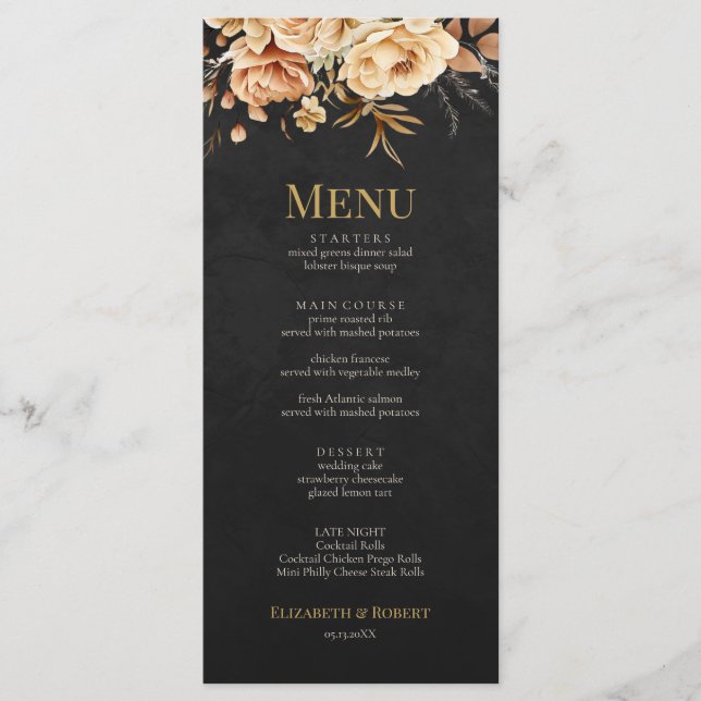 Forest Witch Black Floral Wedding Menu (Front)