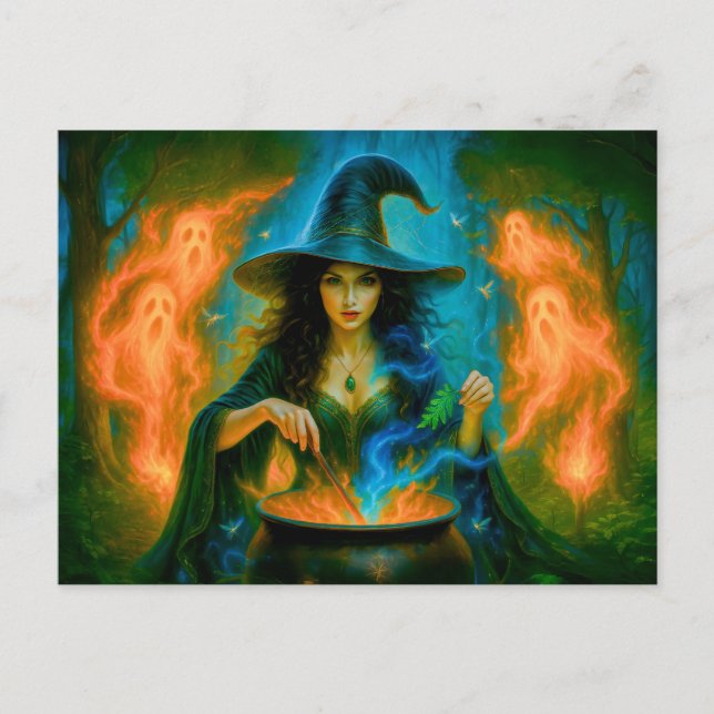 Forest witch summoning glowing spirits holiday postcard (Front)