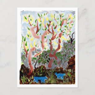 Forest with blue beasts and type postcard
