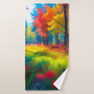 Forest with Colourful Trees And Flowers Bath Towel