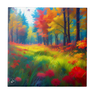 Forest with Colourful Trees And Flowers Ceramic Tile