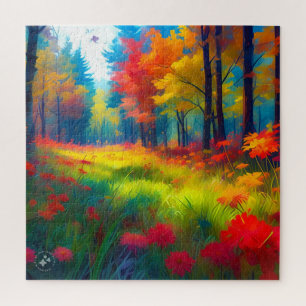 Forest with Colourful Trees And Flowers Jigsaw Puzzle