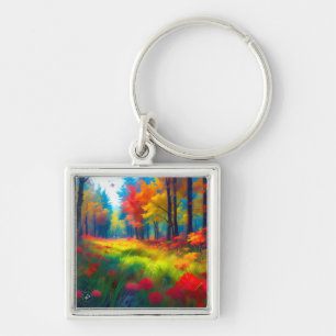 Forest with Colourful Trees And Flowers Key Ring