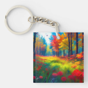 Forest with Colourful Trees And Flowers Key Ring