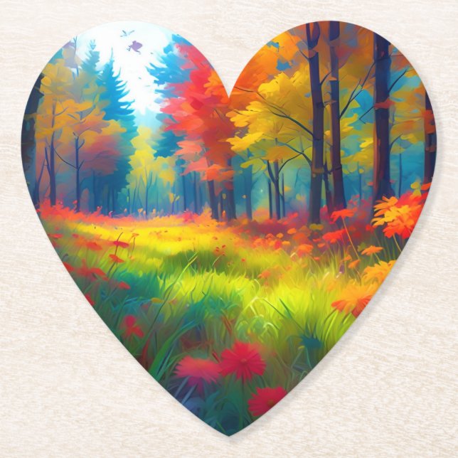 Forest with Colourful Trees And Flowers Paper Coaster (Front)