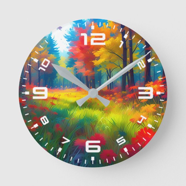 Forest with Colourful Trees And Flowers Round Clock (Front)