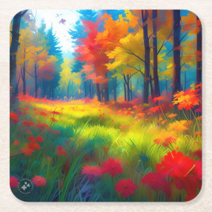 Forest with Colourful Trees And Flowers Square Paper Coaster