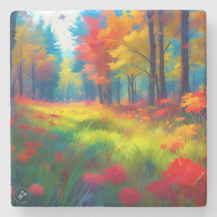 Forest with Colourful Trees And Flowers Stone Coaster