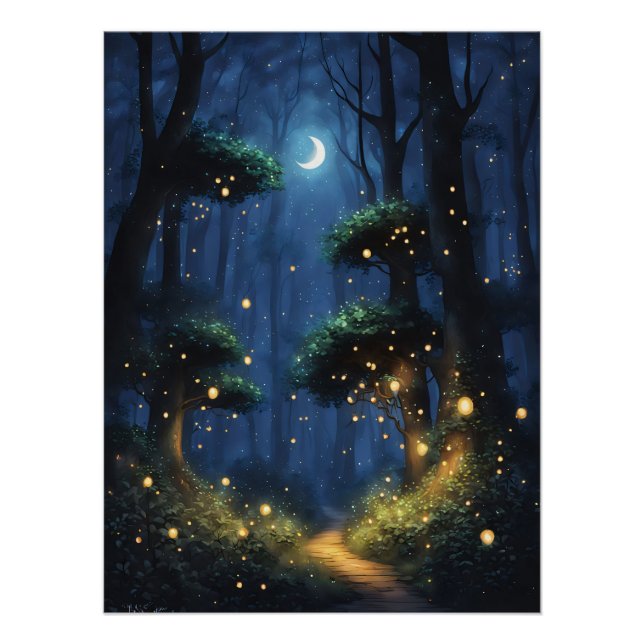 Forest with Firefly Lights and Crescent Moon Poster (Front)