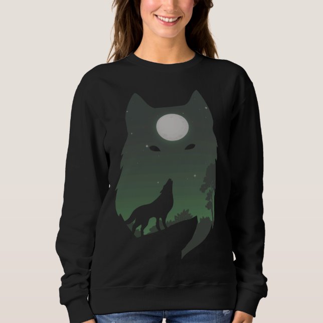 Forest with Full Moon Silhouette Howling Wolf Sweatshirt (Front)