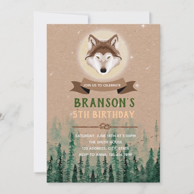 Forest wolf birthday theme invitation (Front)