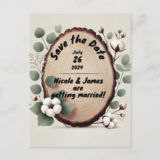 Forest Wood Eucalyptus Cotton Rustic Save the Date Announcement Postcard (Front)