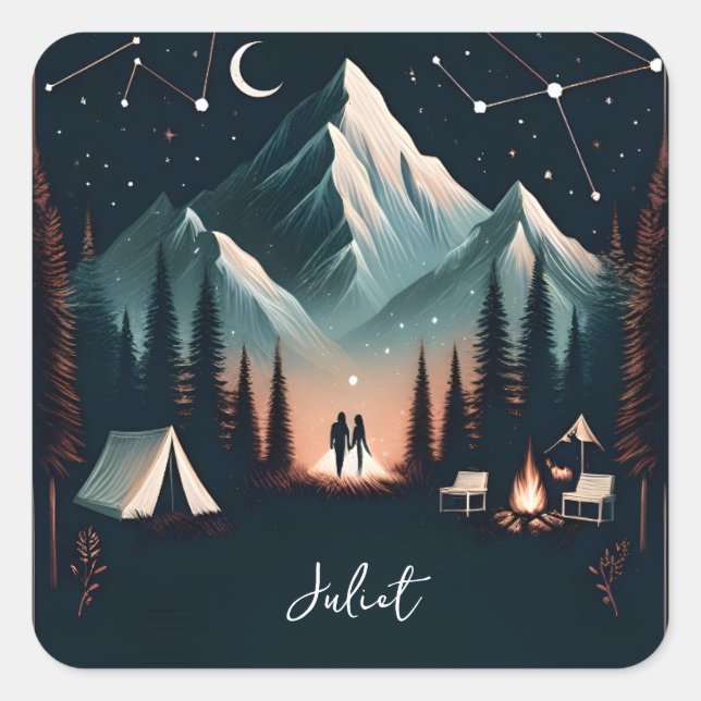 Forest Wood Sky Tree Fire Camping Bridal Shower Square Sticker (Front)