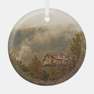 Forest Wooden House: Tranquil Scene Glass Tree Decoration