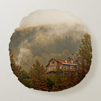 Forest Wooden House: Tranquil Scene Round Cushion
