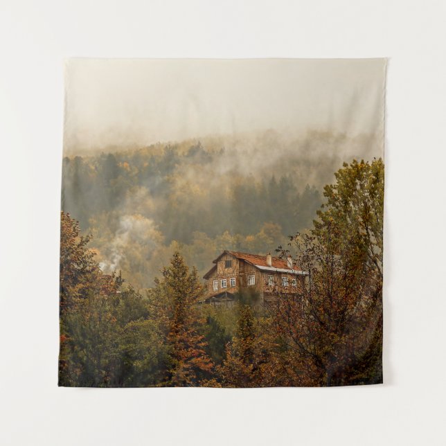 Forest Wooden House: Tranquil Scene Tapestry (Front)
