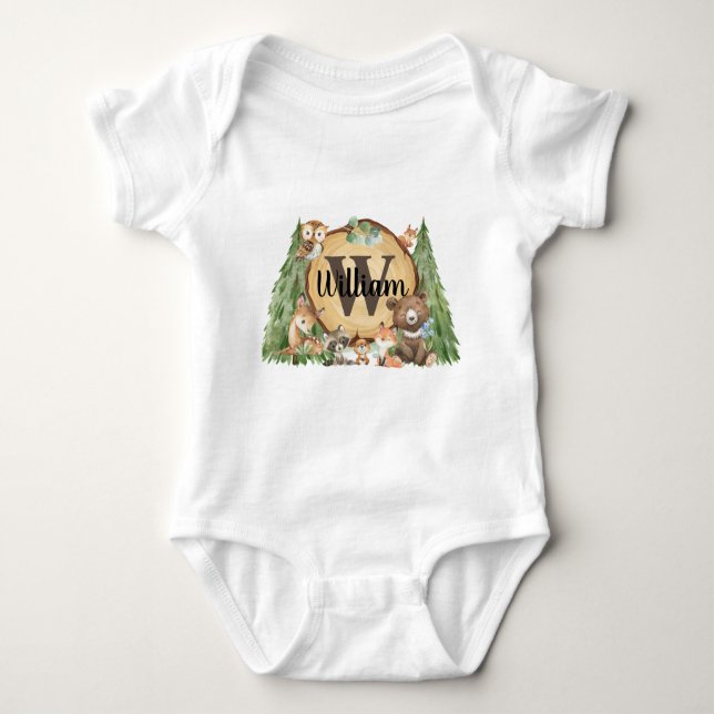 Forest Woodland Animal Monogram Baby Boy Bodysuit (Front)