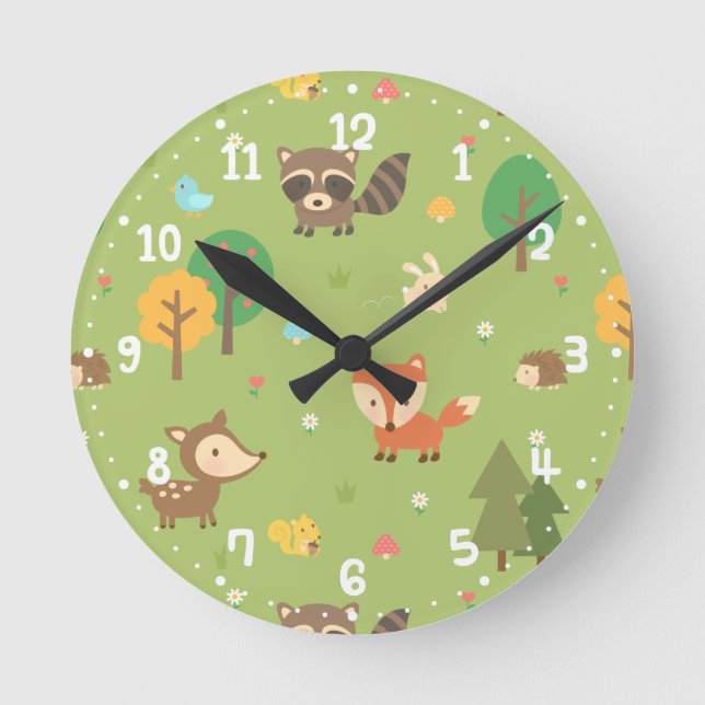 Forest Woodland Animal Pattern Kids Room Decor Round Clock (Front)