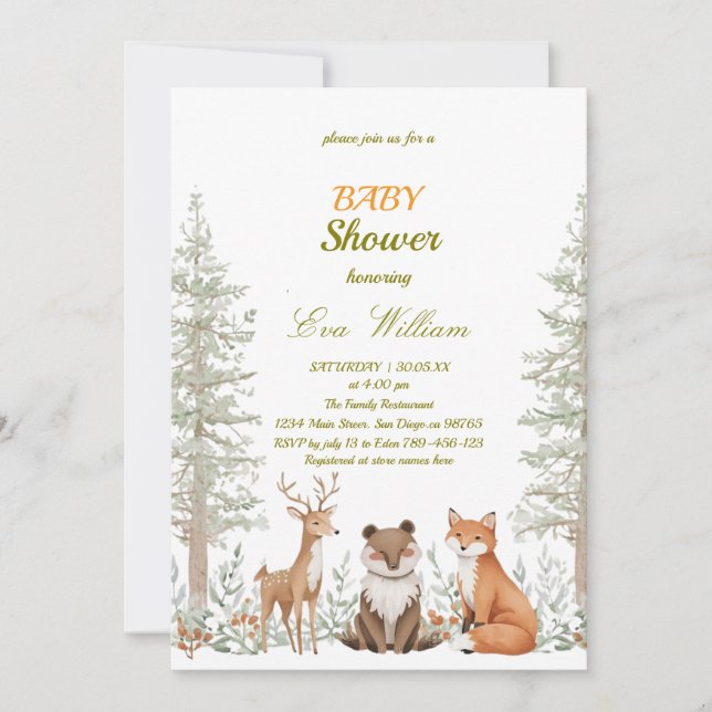 Forest Woodland Animals Baby Shower Invitation (Front)