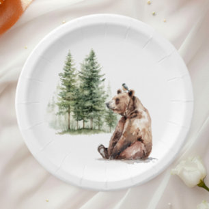 Forest Woodland Animals Bear And Bird Baby Shower Paper Plate