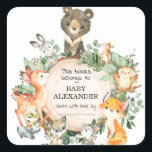 Forest Woodland Animals Boy Baby Shower Bookplate Square Sticker<br><div class="desc">This whimsical design features rustic watercolor botanical greenery and adorable woodland animals</div>