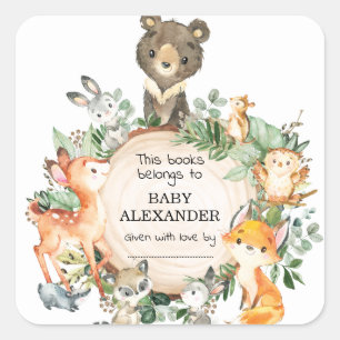 Forest Woodland Animals Boy Baby Shower Bookplate Square Sticker