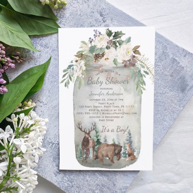 Forest Woodland Animals Mason Jar Baby Shower Invitation (Creator Uploaded)